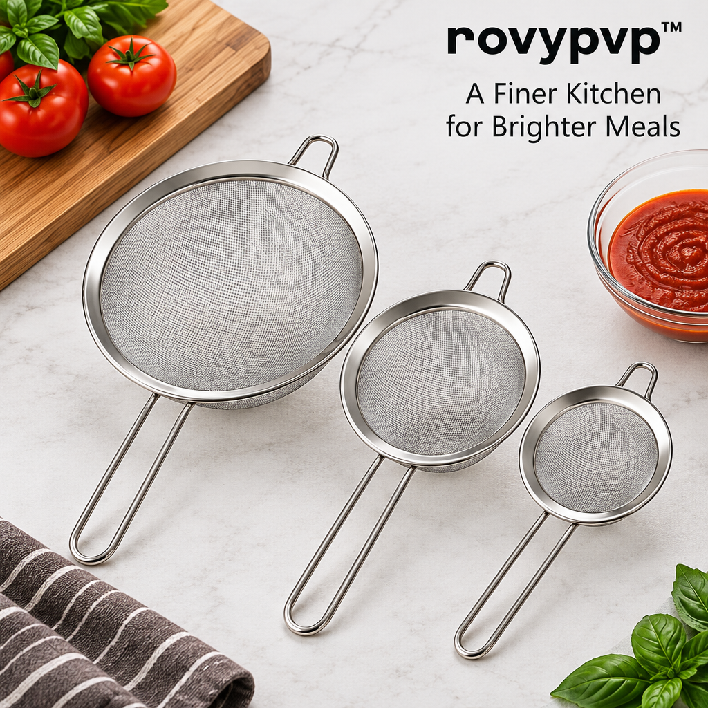 novypvp™ Stainless Steel Fine-Mesh Strainer Set, 3-Piece Handheld Sieves for Sifting Flour and Straining Sauces