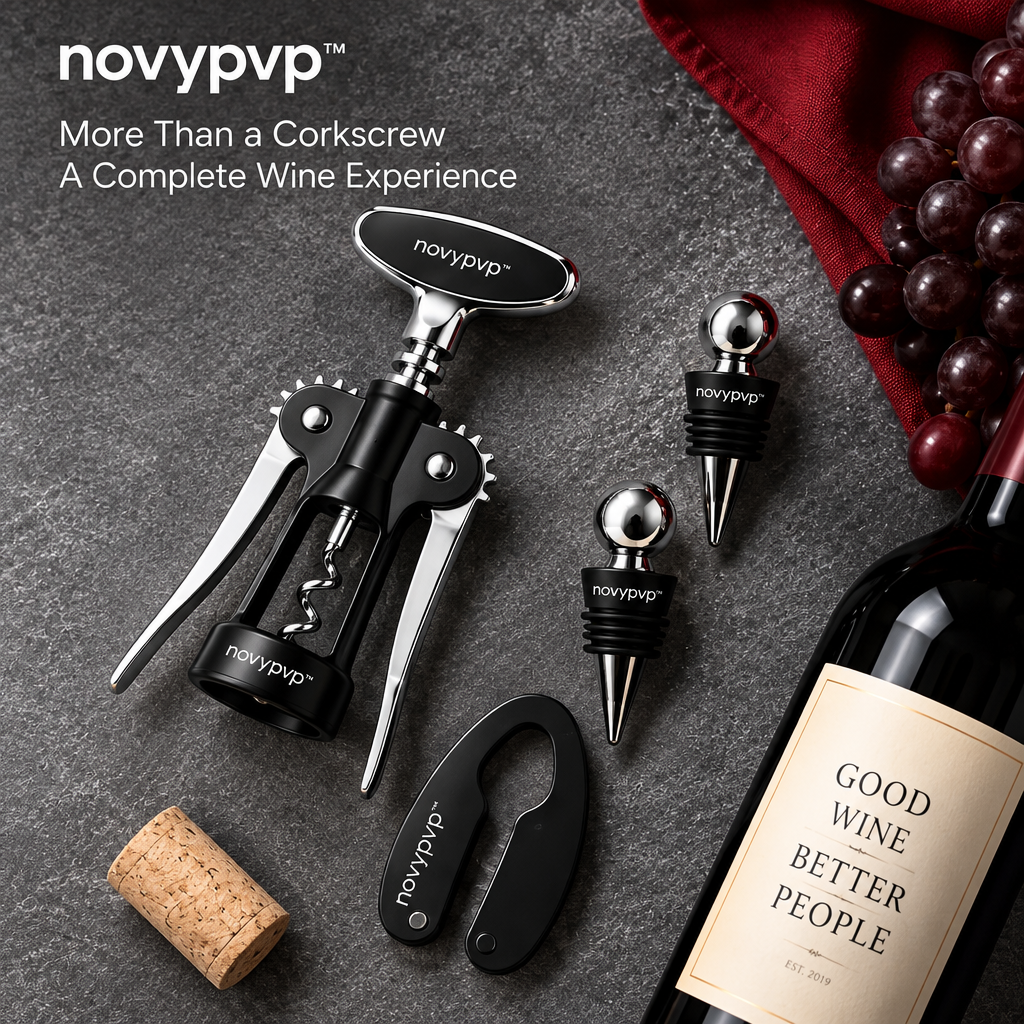 novypvp™ Winged Corkscrew and Bottle Opener Set, Manual Wine Opener with Foil Cutter and Two Bottle Stoppers