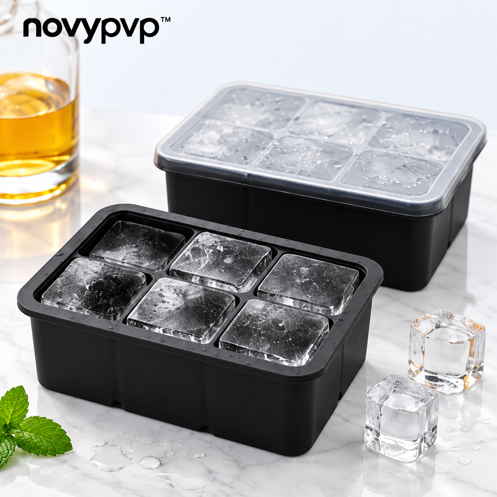 novypvp™ Large Silicone Ice Cube Tray Set, Two 6-Cavity Molds with Covers and Storage Bin