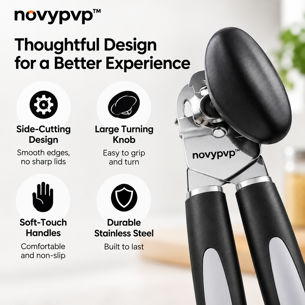 novypvp™ Manual Can Opener, Side-Cutting Kitchen Tin Opener with Large Turning Knob and Soft-Touch Handles