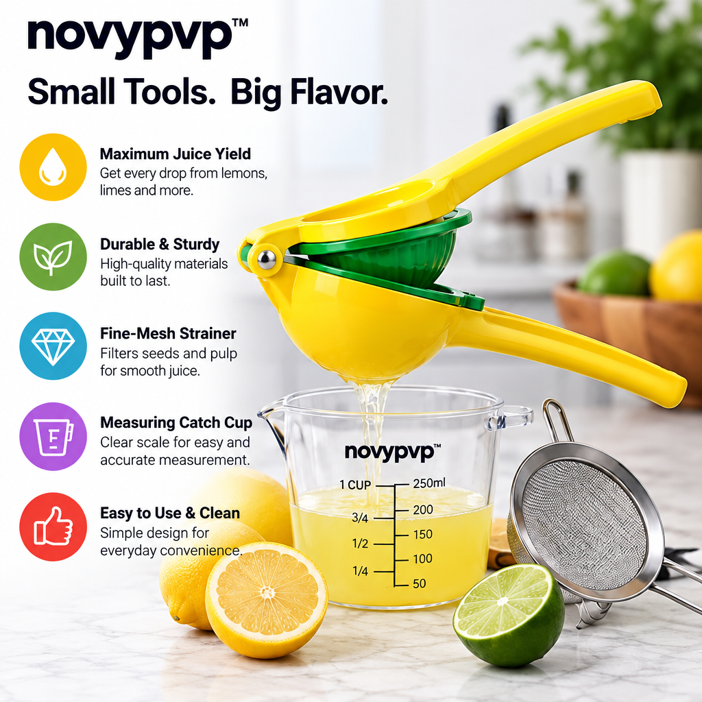 novypvp™ Manual Citrus Press Set, Handheld Lemon and Lime Squeezer with Fine-Mesh Strainer and Measuring Catch Cup