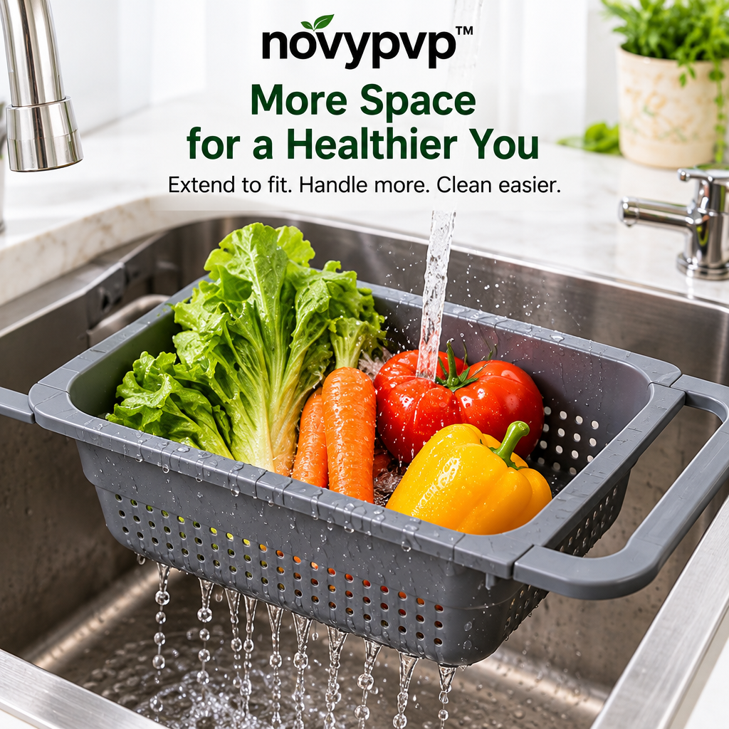 novypvp™ Expandable Over-the-Sink Colander, Rectangular Produce Washing Basket with Sliding Arms