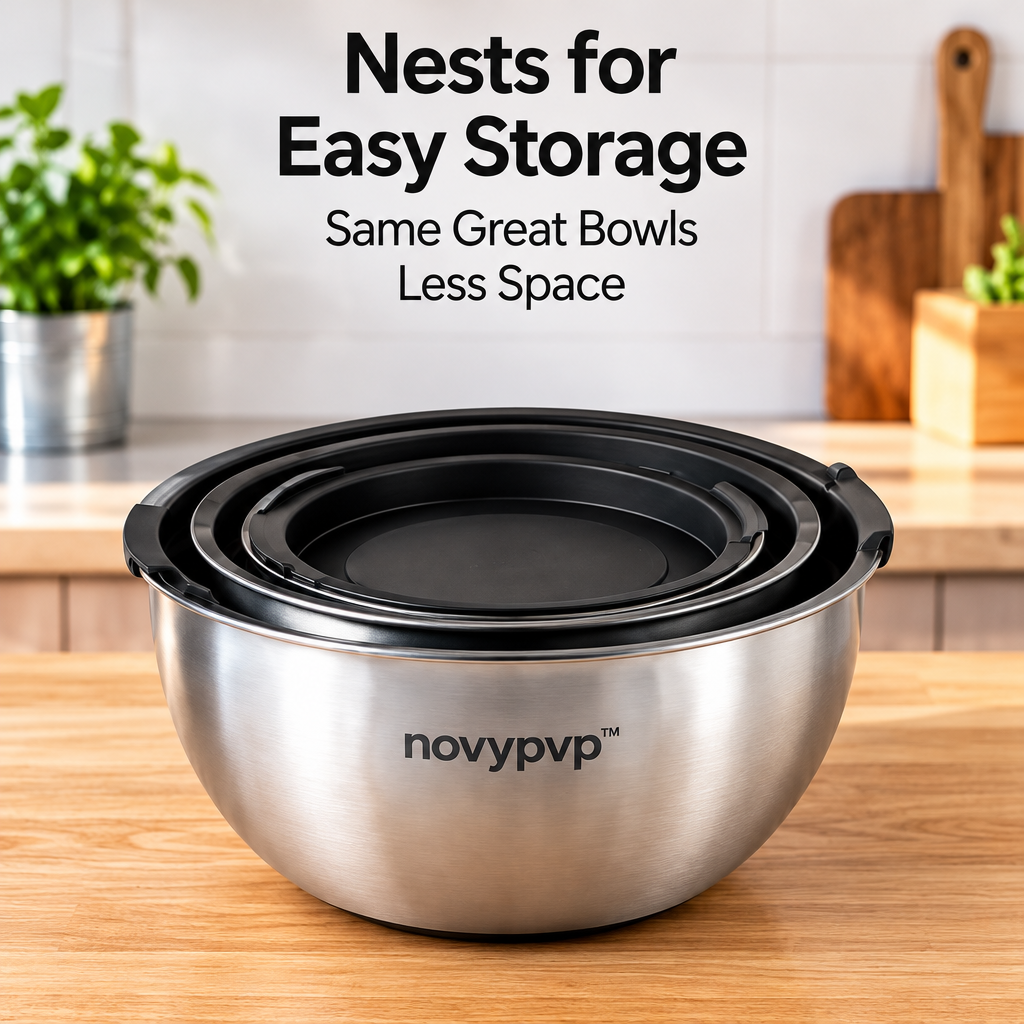 novypvp™ Nesting Mixing Bowl Set with Lids, 1.5-, 3- and 5-Quart Stainless Steel Prep Bowls
