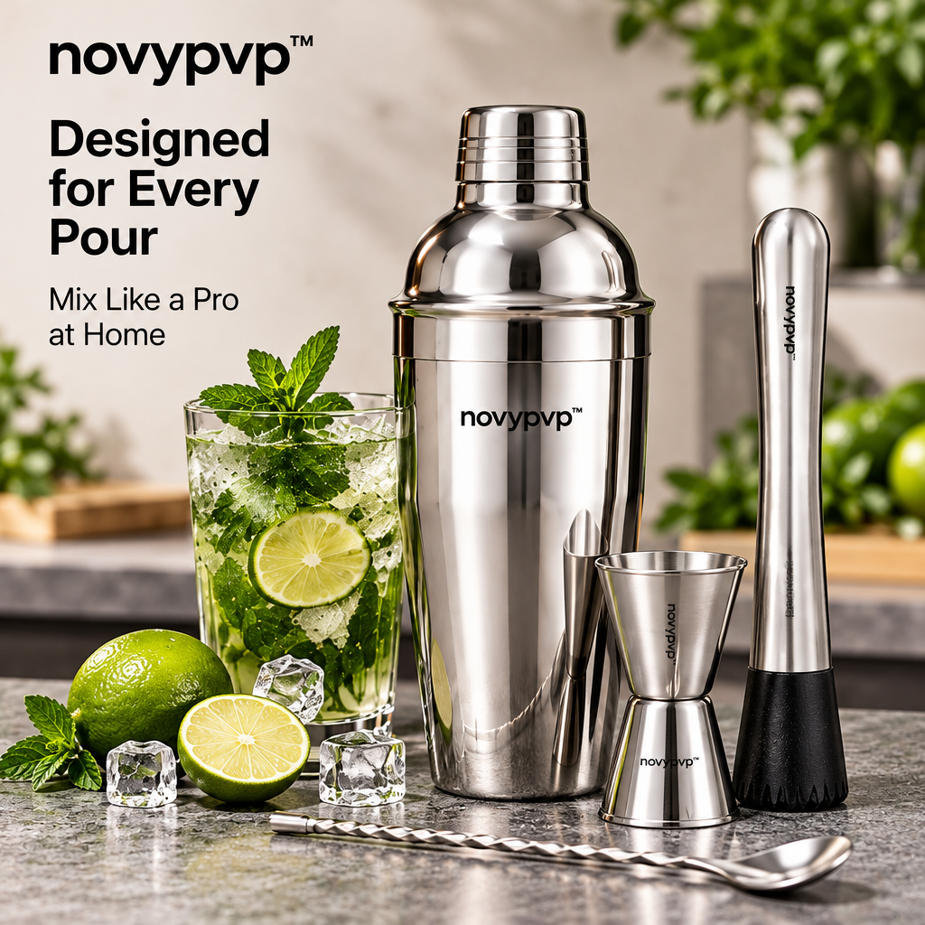 novypvp™ Stainless Steel Cocktail Shaker Set, 24-Fl-Oz Cobbler Shaker with Jigger, Bar Spoon and Muddler