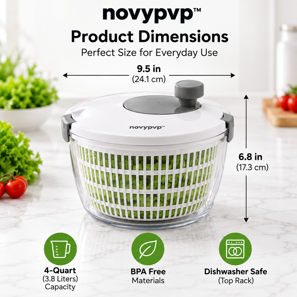 novypvp™ 4-Quart Manual Salad Spinner, Rotary Vegetable Dryer with Removable Basket and Clear Serving Bowl