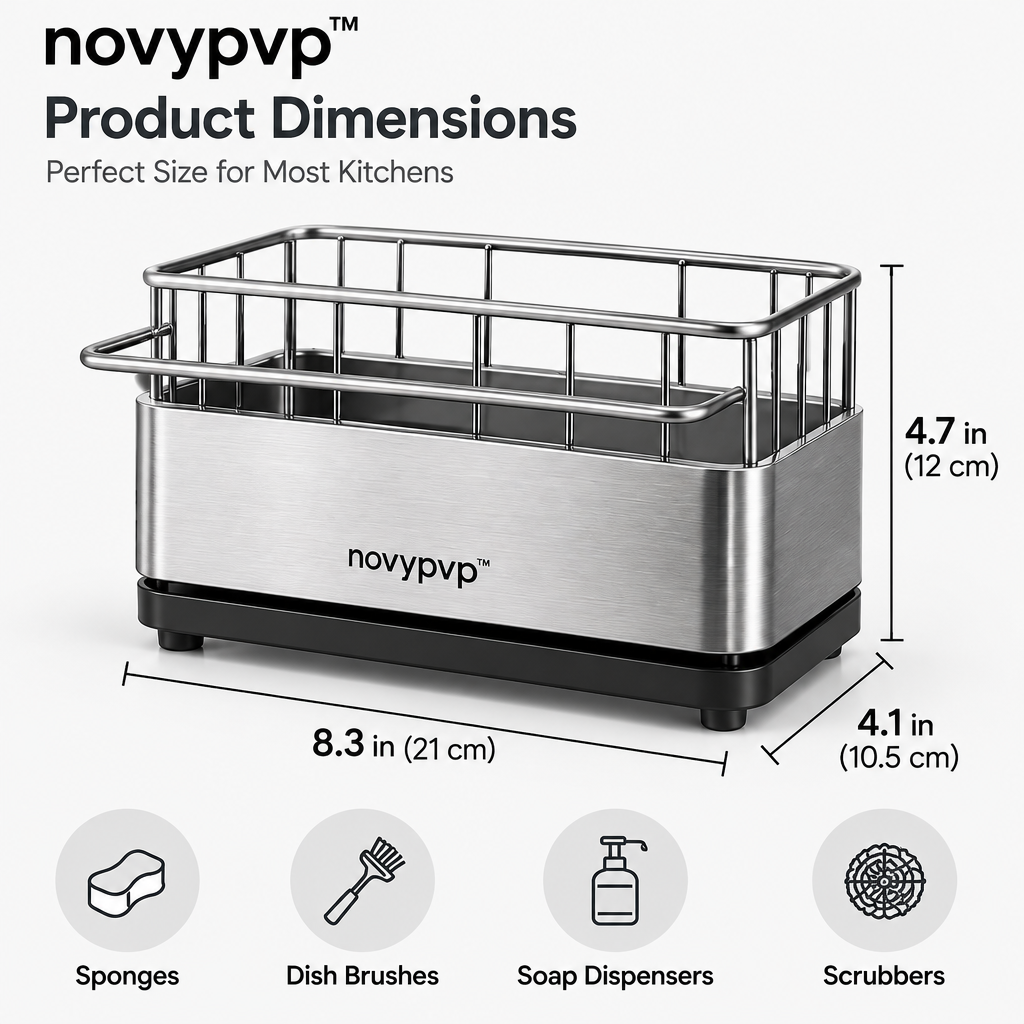 novypvp™ Stainless Steel Sink Caddy, Countertop Sponge and Dish Brush Organizer with Removable Drip Tray