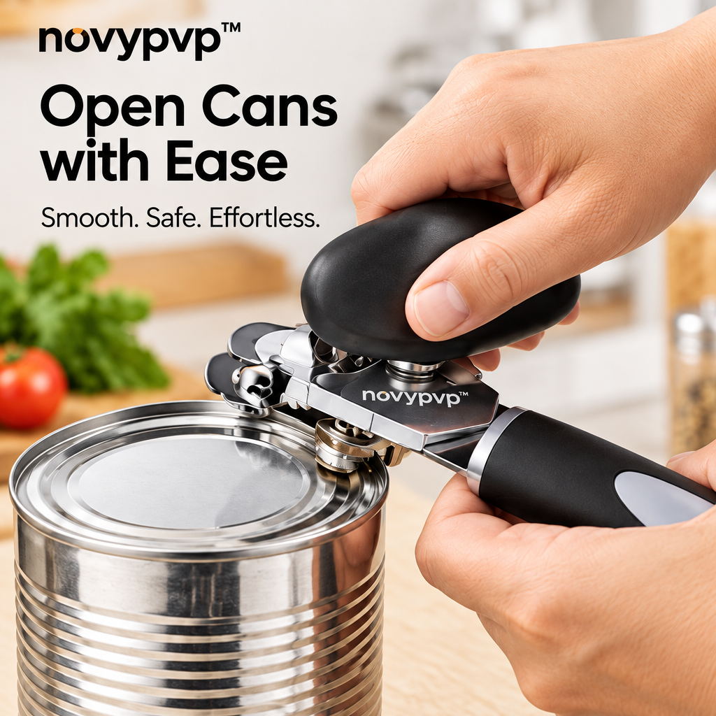 novypvp™ Manual Can Opener, Side-Cutting Kitchen Tin Opener with Large Turning Knob and Soft-Touch Handles