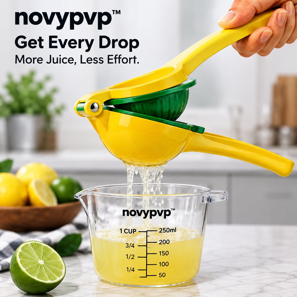 novypvp™ Manual Citrus Press Set, Handheld Lemon and Lime Squeezer with Fine-Mesh Strainer and Measuring Catch Cup