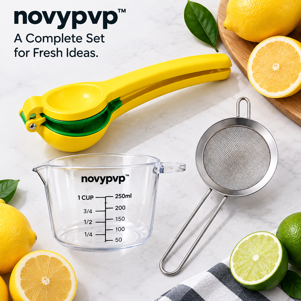 novypvp™ Manual Citrus Press Set, Handheld Lemon and Lime Squeezer with Fine-Mesh Strainer and Measuring Catch Cup