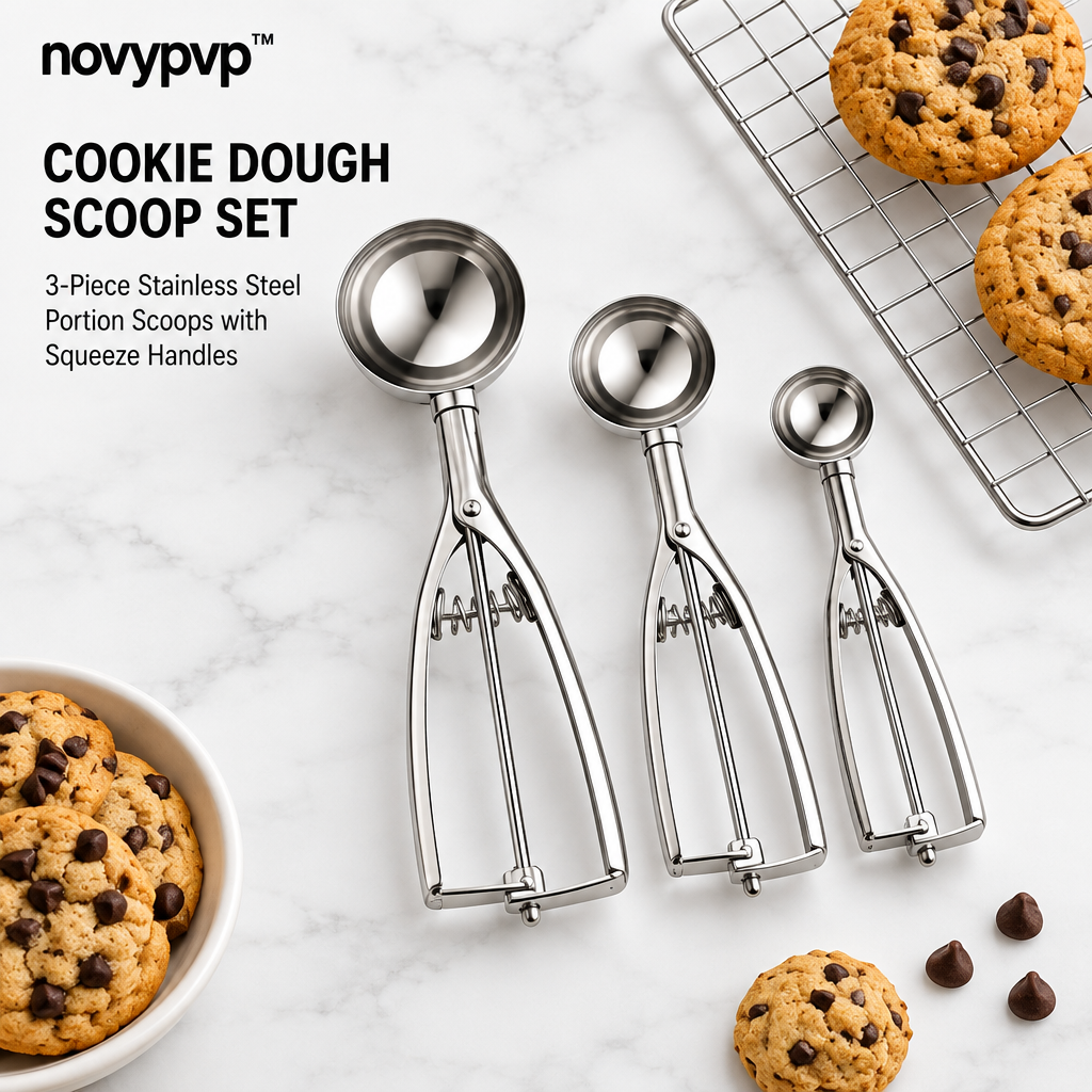 novypvp™ Cookie Dough Scoop Set, 3-Piece Stainless Steel Portion Scoops with Squeeze Handles