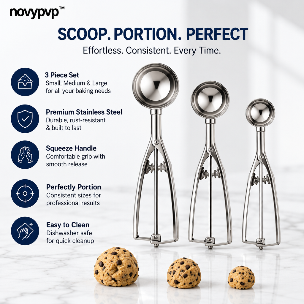 novypvp™ Cookie Dough Scoop Set, 3-Piece Stainless Steel Portion Scoops with Squeeze Handles