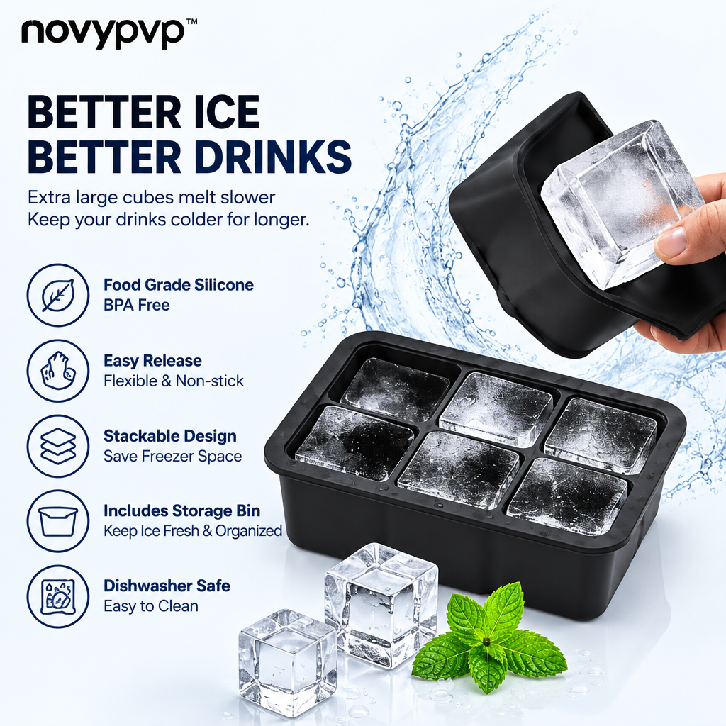 novypvp™ Large Silicone Ice Cube Tray Set, Two 6-Cavity Molds with Covers and Storage Bin