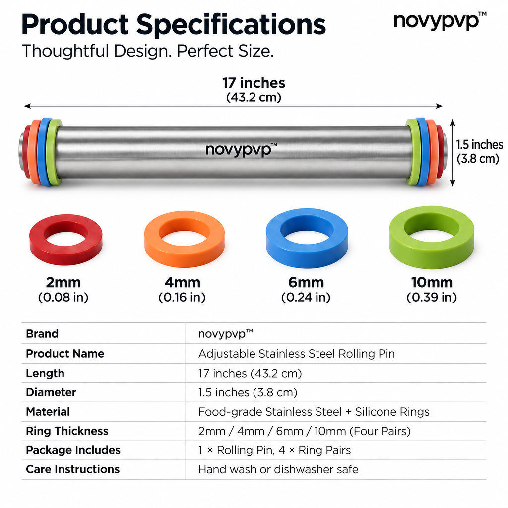 novypvp™ Adjustable Stainless Steel Rolling Pin, 17-Inch Dough Roller with Four Thickness Ring Pairs